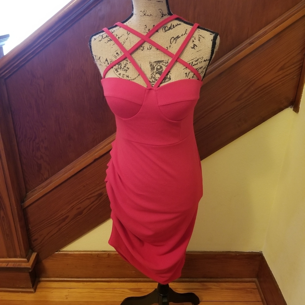 Boohoo strappy red ruched dress